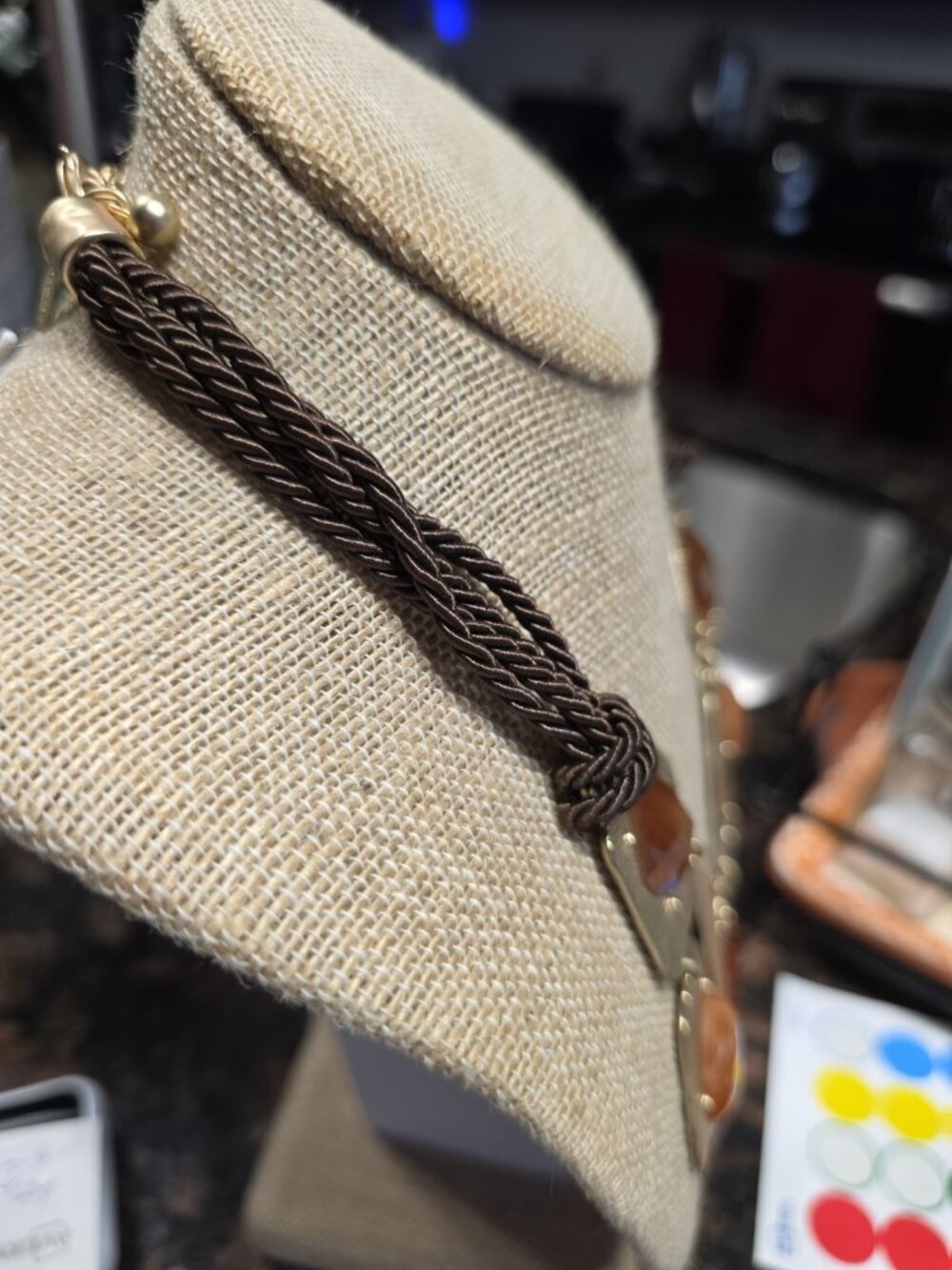 Chicos Statement Necklace Amber Color Acrylic Stones Gold Tone Brown Woven Cord - Picture 6 of 8